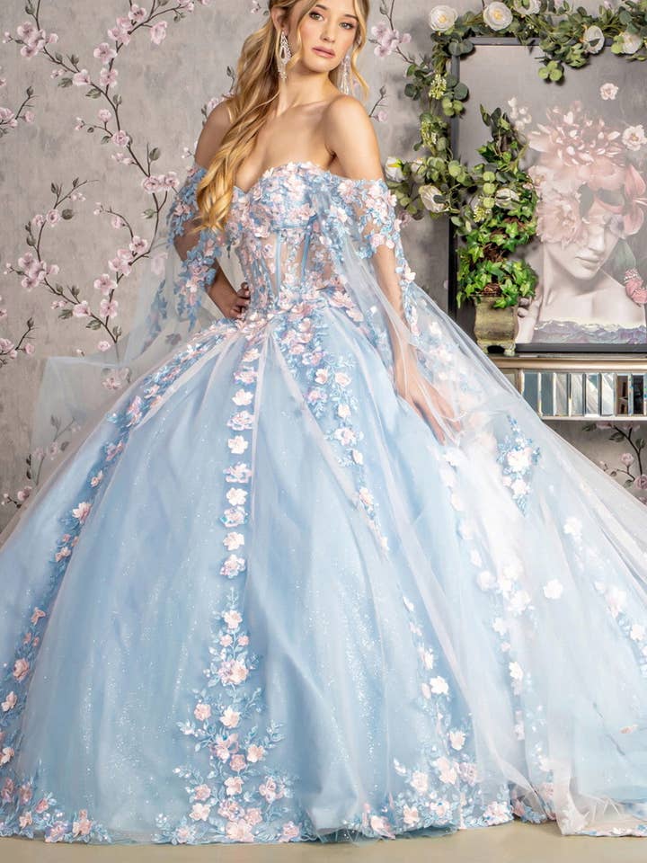 Tux-USA® - Wholesale Gown – Women's - 3-D Flower Sheer Bodice Mesh Ball Gown w/ Side Mesh Long Dra0