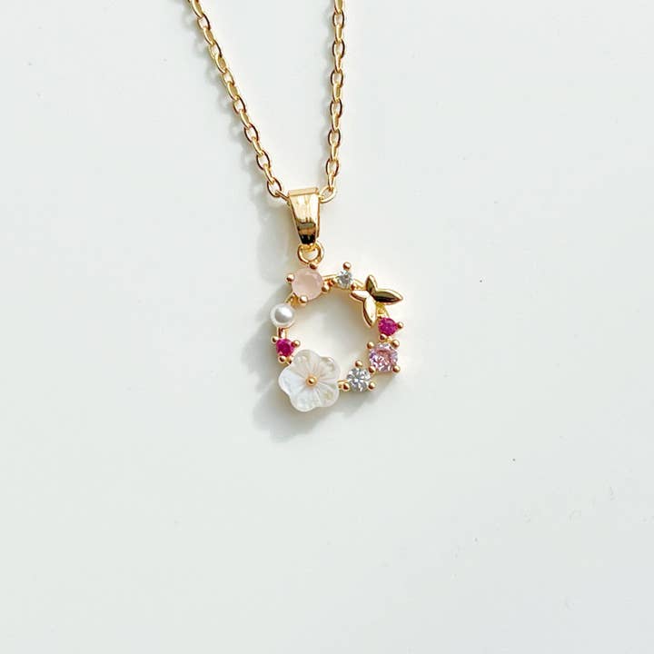 Ninaouity - Venta al por mayor Collares con colgantes/abalorios - Collar de corona de flores doradas - con cristal rosa y perla