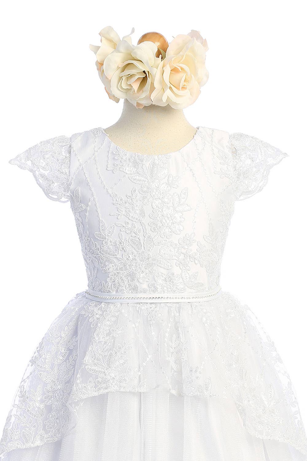 white SK915 - floral lace peplum with satin & crystal tulle for wholesale on Faire2