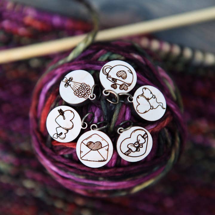 Valentine's Day Maple Wood Knitting Stitch Markers Set of 6 for wholesale by Sunrise Grove