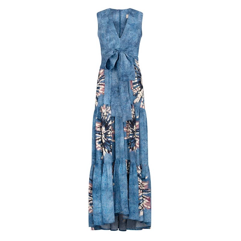 BLUE Stylish Shirley Printed Linen Plung Maxi Dress for wholesale on Faire1