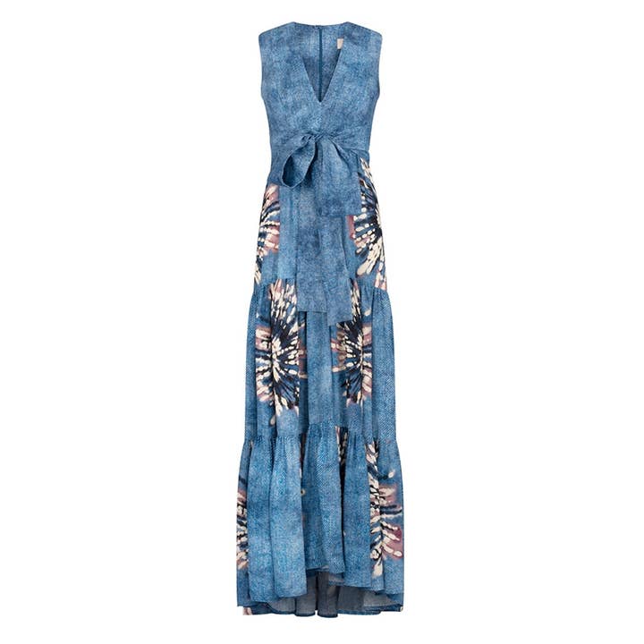 BLUE Stylish Shirley Printed Linen Plung Maxi Dress for wholesale on Faire1