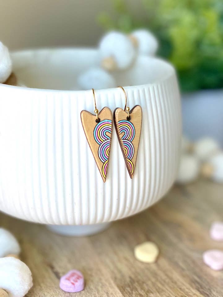 Rainbow Hearts Laser Engraved Wood Earrings for wholesale by Rosey Oak Designs