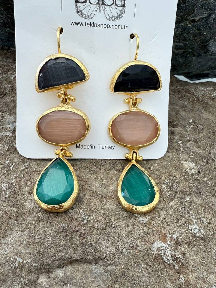 Triple Stone Cat Eye Earrings for wholesale by BUBU BY TEKIN SHOP