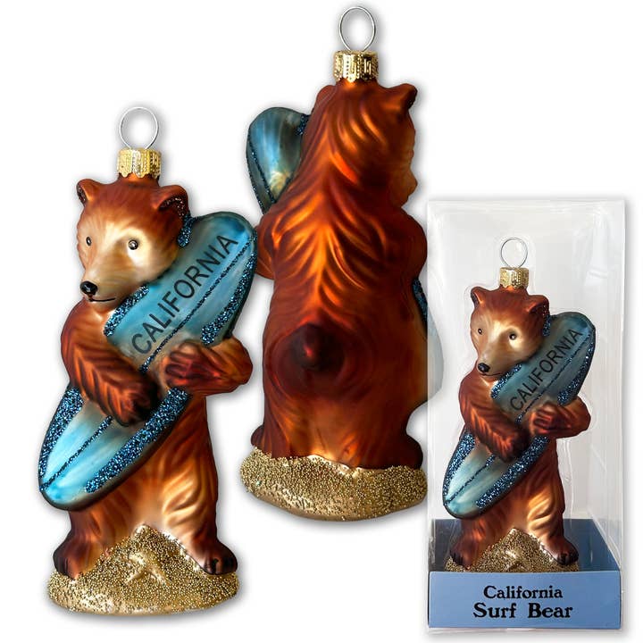 Surf Bear Glass Mold Ornament for wholesale by SF Mercantile