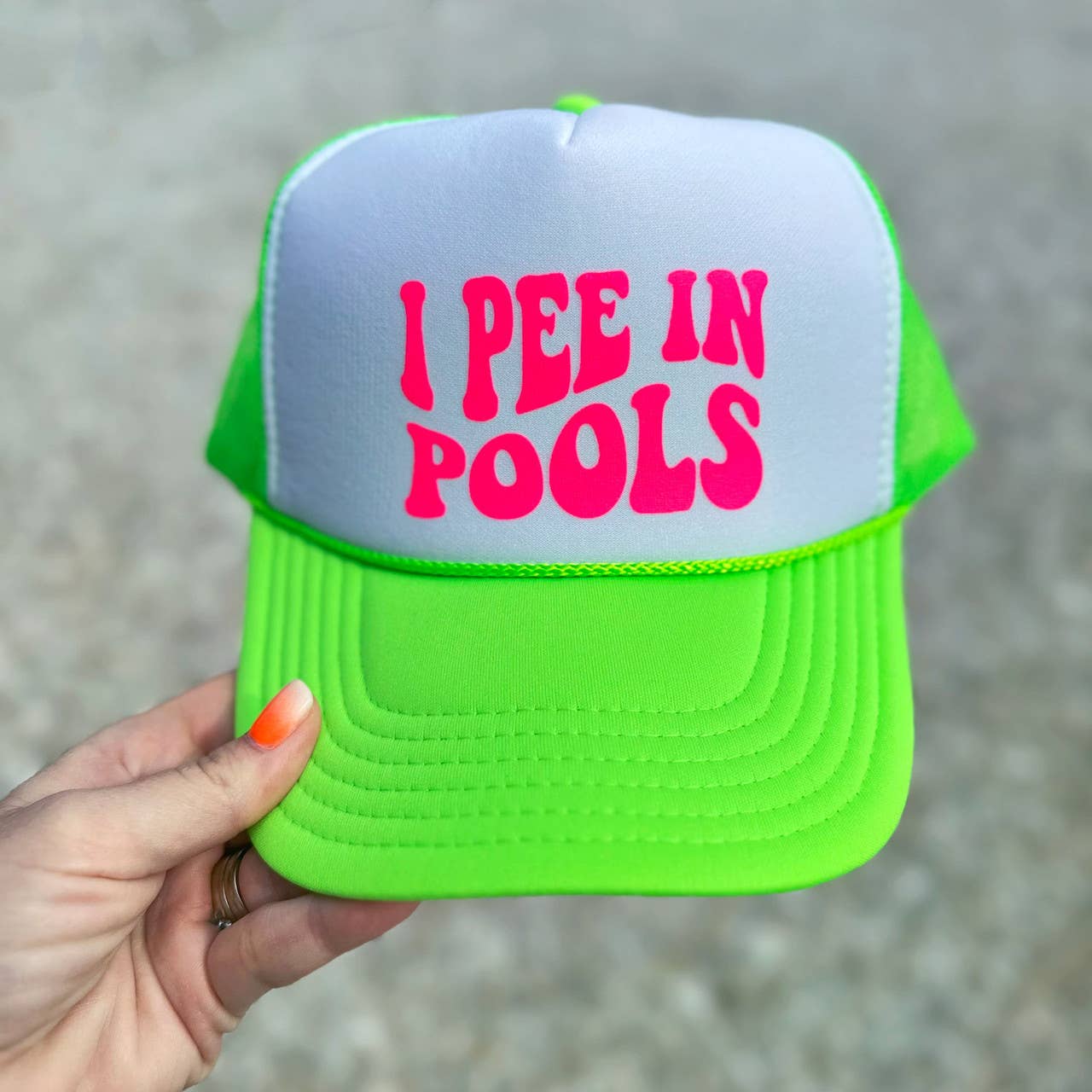 Trendy Tee Co. - Wholesale Trucker Hat - Women's - I Pee In Pools Neon Foam Trucker Hat0