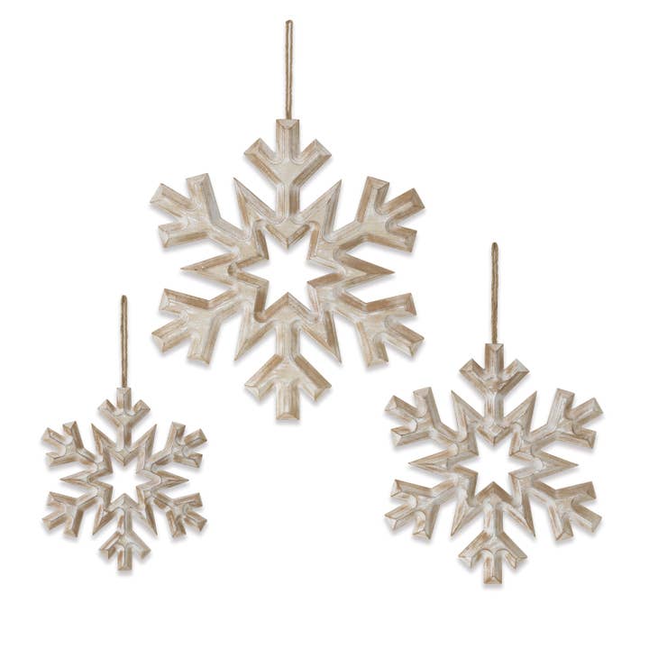 Gerson Christmas S/3 Wood Snowflake Wall Hangings, Lg is 19. for wholesale by The Gerson Companies