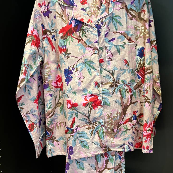 Muno - Wholesale Sleepwear Set - Women's - Light Pink Flowers and Birds Indian Cotton Pyjama Set 6