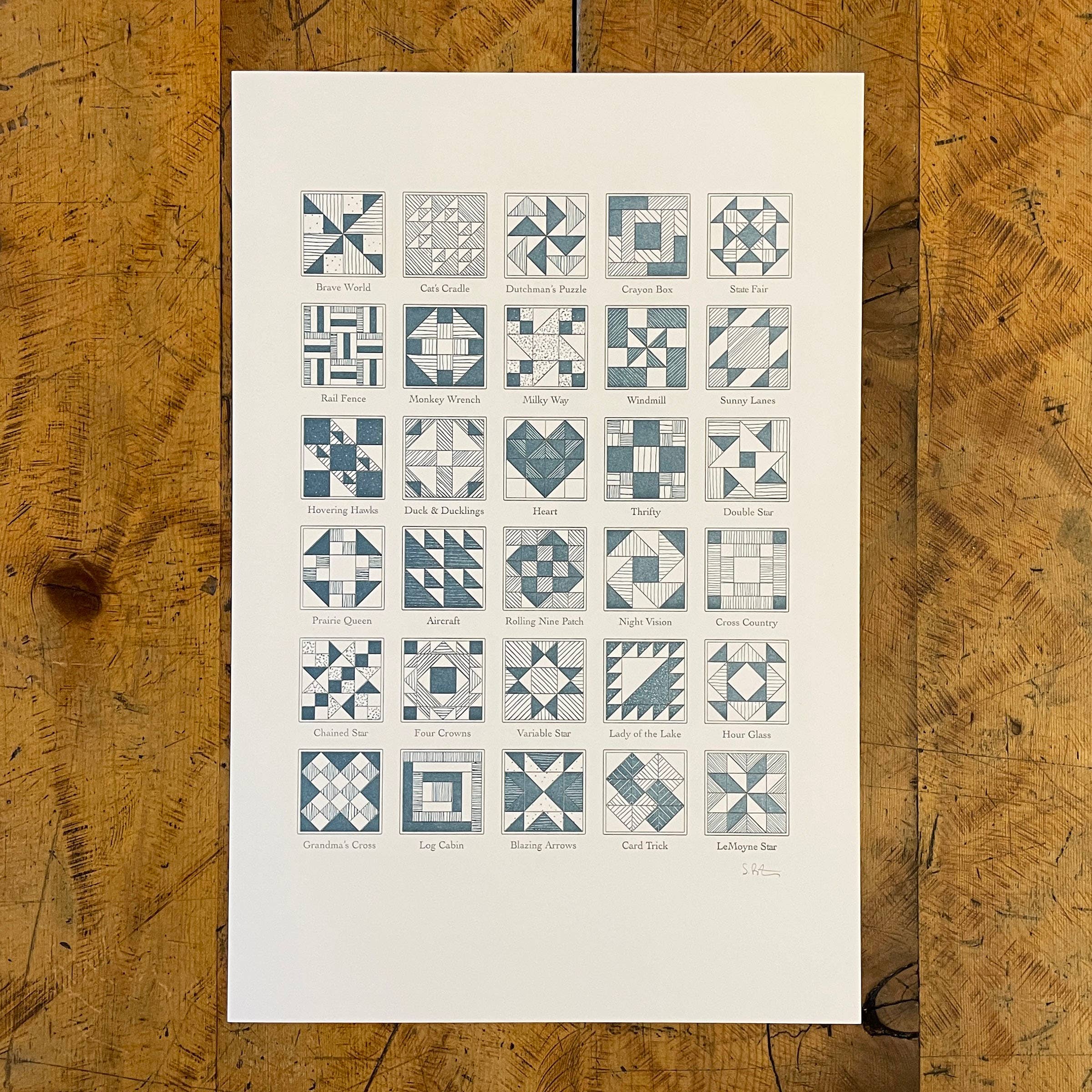 Green Bird Press - Wholesale Art Print - A Few Quilt Blocks Letterpress Print - 12" x 18"0