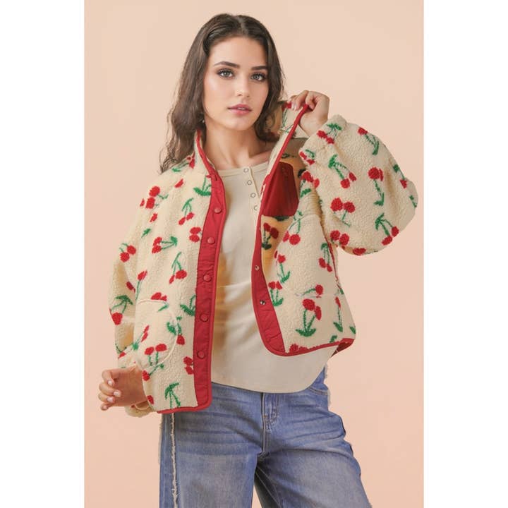 Leopard- och körsbärsmönstrad fleecejacka i oversize-modell för wholesale av IVE