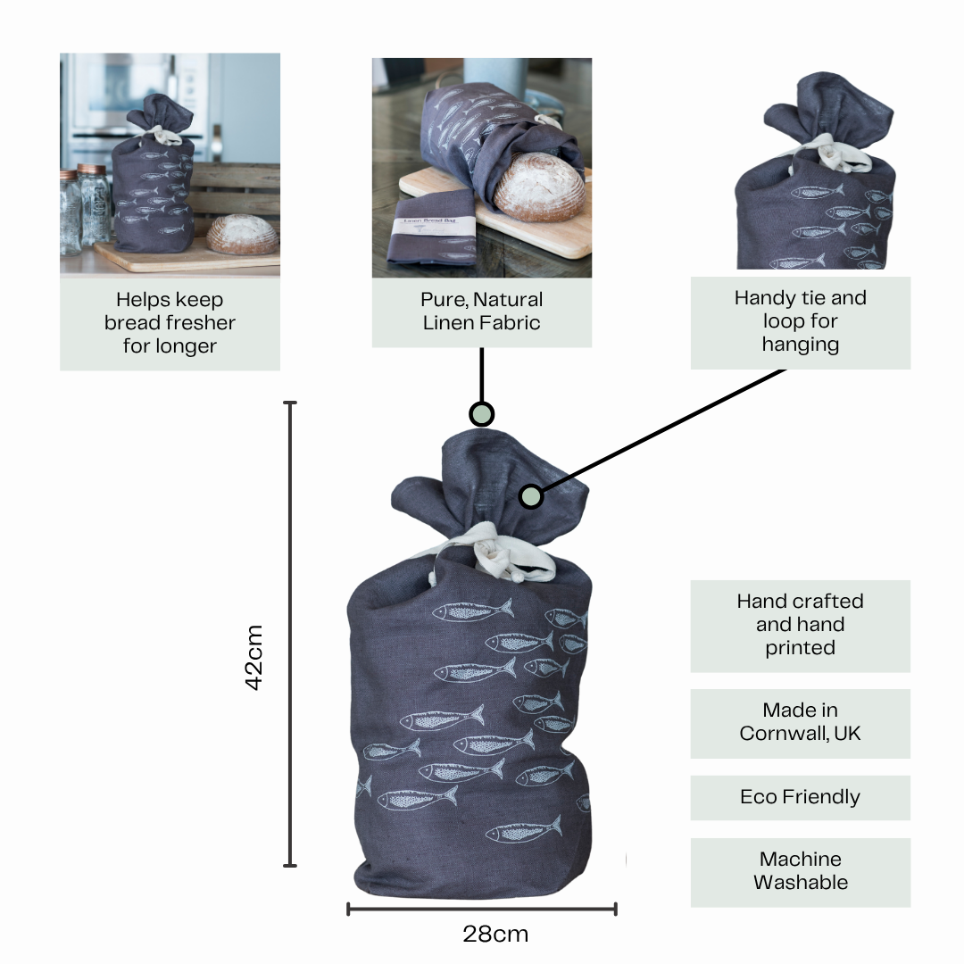 Helen Round - hand printed linen (US Duties Paid) – wholesale Food storage wrap/bag – Linen Bread Bag, Bakers Storage Bag, Handprinted Fish Design3