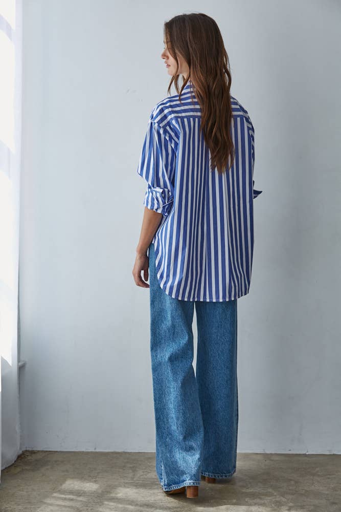 Blue White LAR1050 | Woven Cotton Striped Button Down Shirt Top for wholesale on Faire3