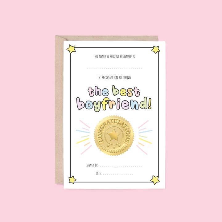 Award Card: Best Boyfriend | Embossed Gold Foil Sticker for wholesale by Hey Hunny