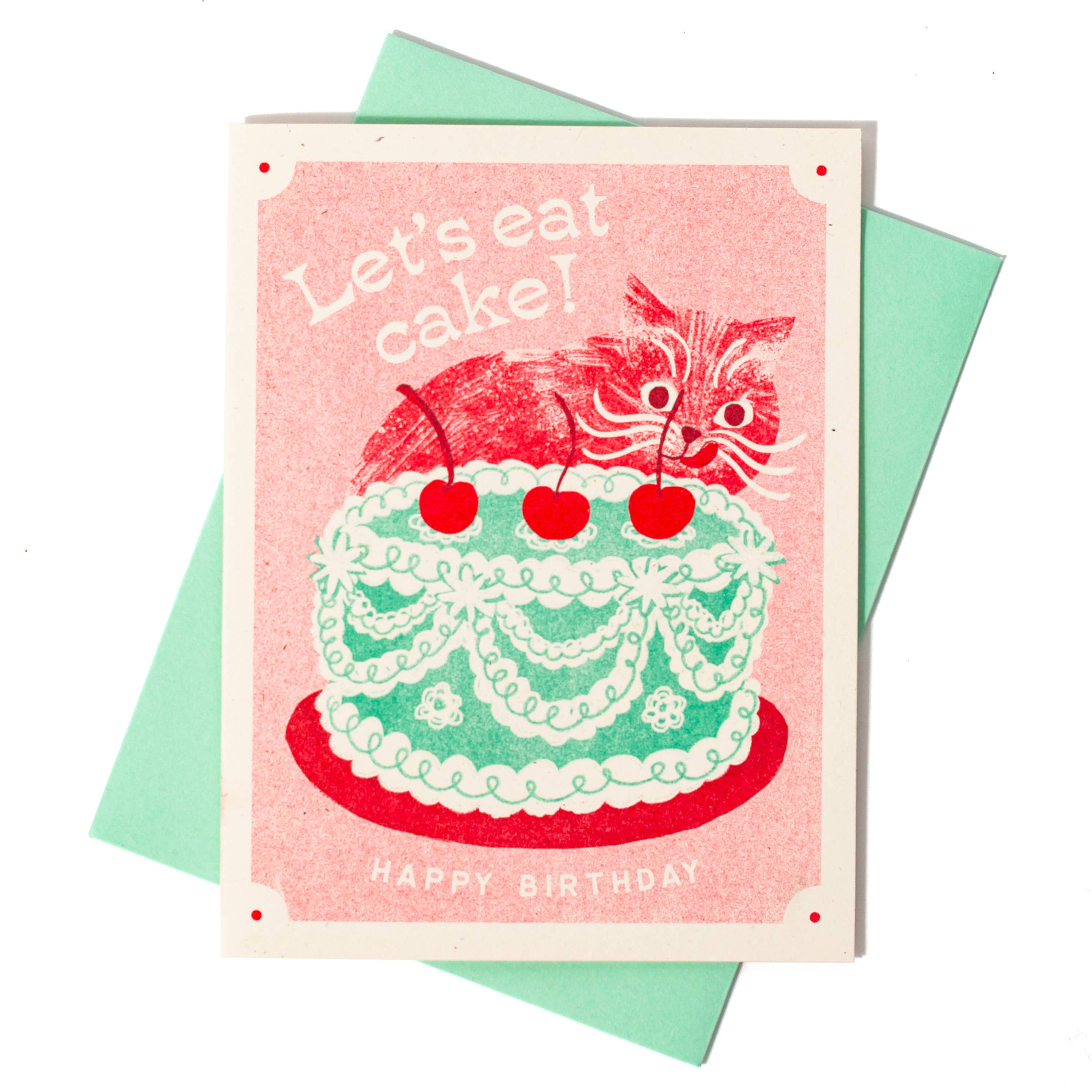 Bromstad Printing Co. - Wholesale Birthday Card - Let's Eat Cake Cat - Risograph Birthday Card3