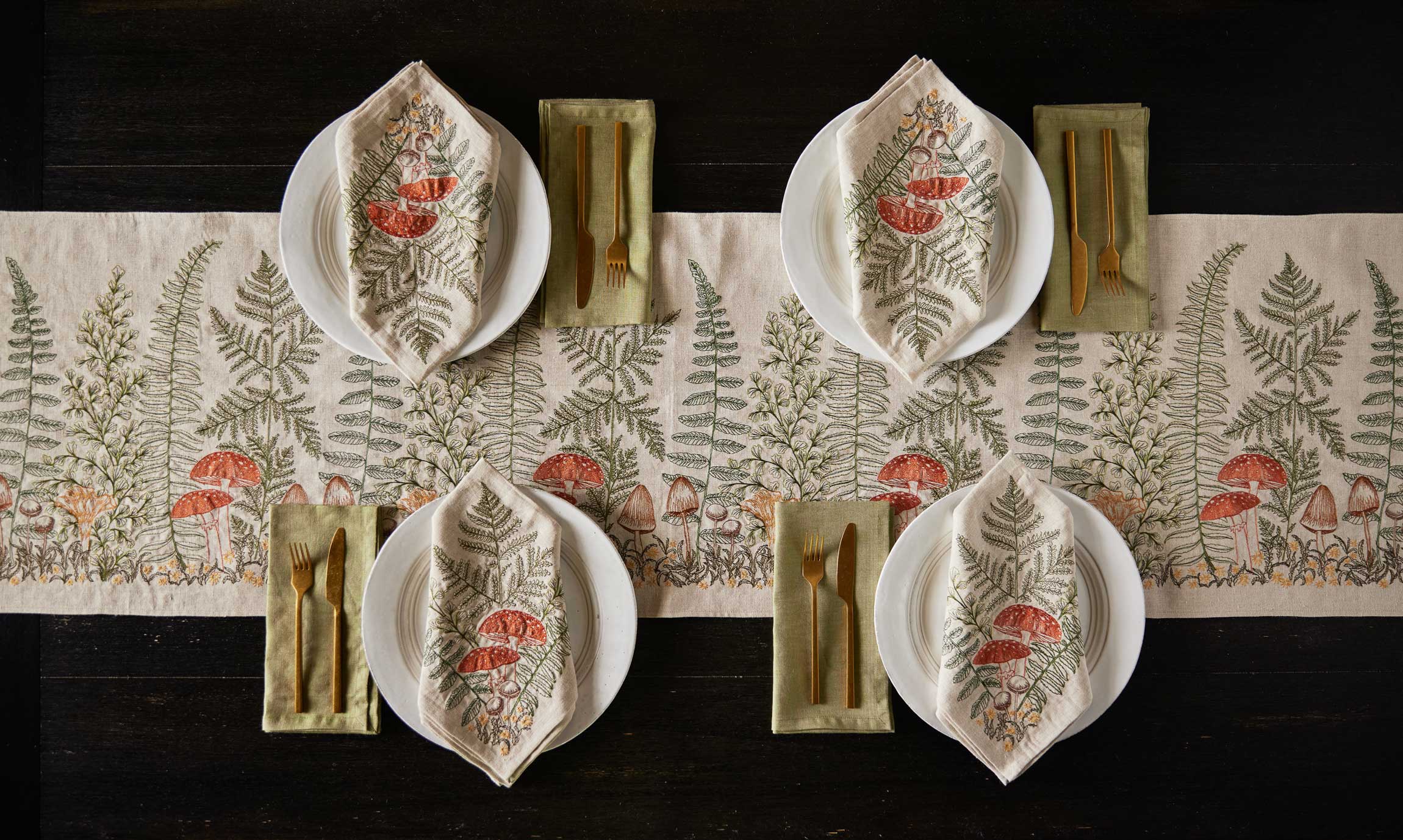 Coral & Tusk - Wholesale Table Runner - Mushrooms and Ferns Table Runner5