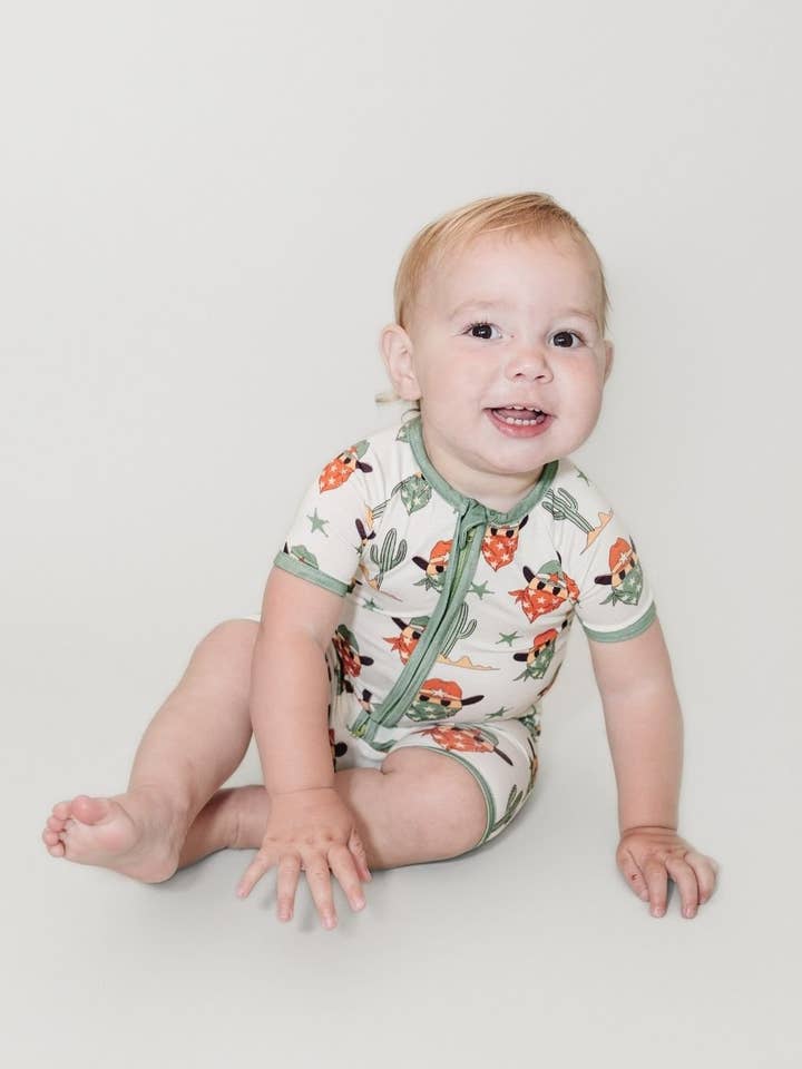 Grassy Creek Designs - Wholesale Jumpsuit - Baby - Bamboo Shorty Romper | Smiley Cowboy4
