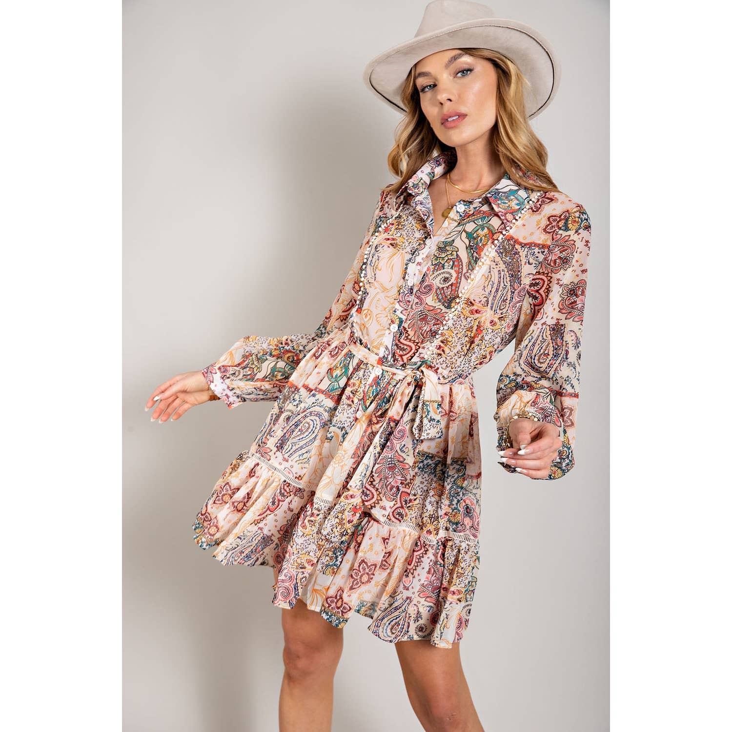 Sweet Generis – wholesale Dress – Women's – FLOWER PRINT LONG SLEEVE SHIRT DRESS0