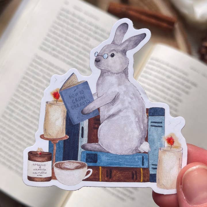 Autocollant Lapin Lisant pour la vente par The Curious Cactus