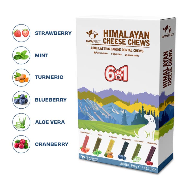 Pawfect Himalayan Cheese Chew for Medium Dogs | Variety Pack of 6 | Strawberry, Blueberry, Cranberry, Aloe, Turmeric, Mint |Grain-free, All Natural long-lasting dental chews(390g/13.76oz)  for wholesale by Pawfect Pet Foods Pvt Ltd - USA