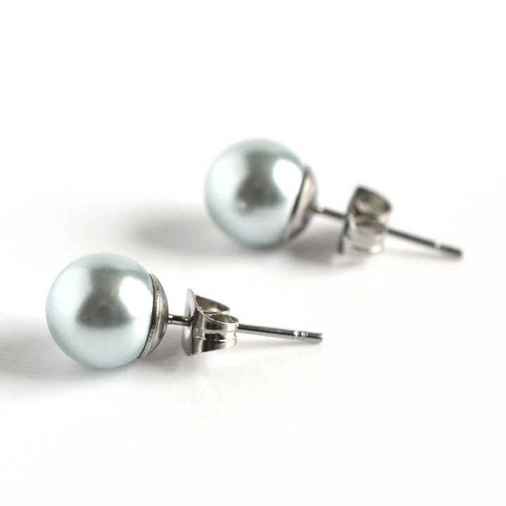 8mm Pale Blue Faux Pearl Stud Earrings, Hypoallergenic Surgical Steel, Statement Pearl Studs for wholesale by Little Gems Jewels