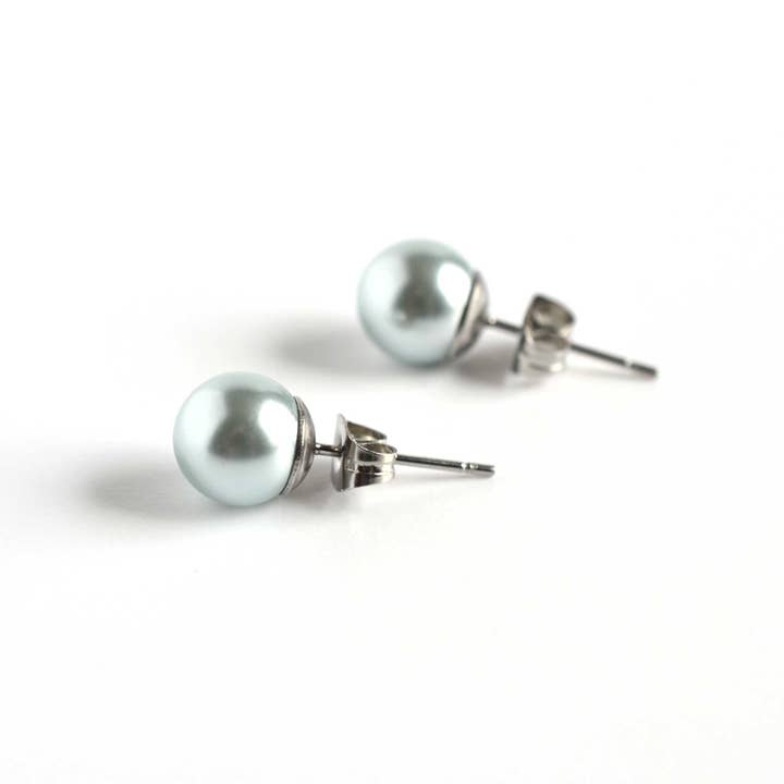 8mm Pale Blue Faux Pearl Stud Earrings, Hypoallergenic Surgical Steel, Statement Pearl Studs for wholesale by Little Gems Jewels