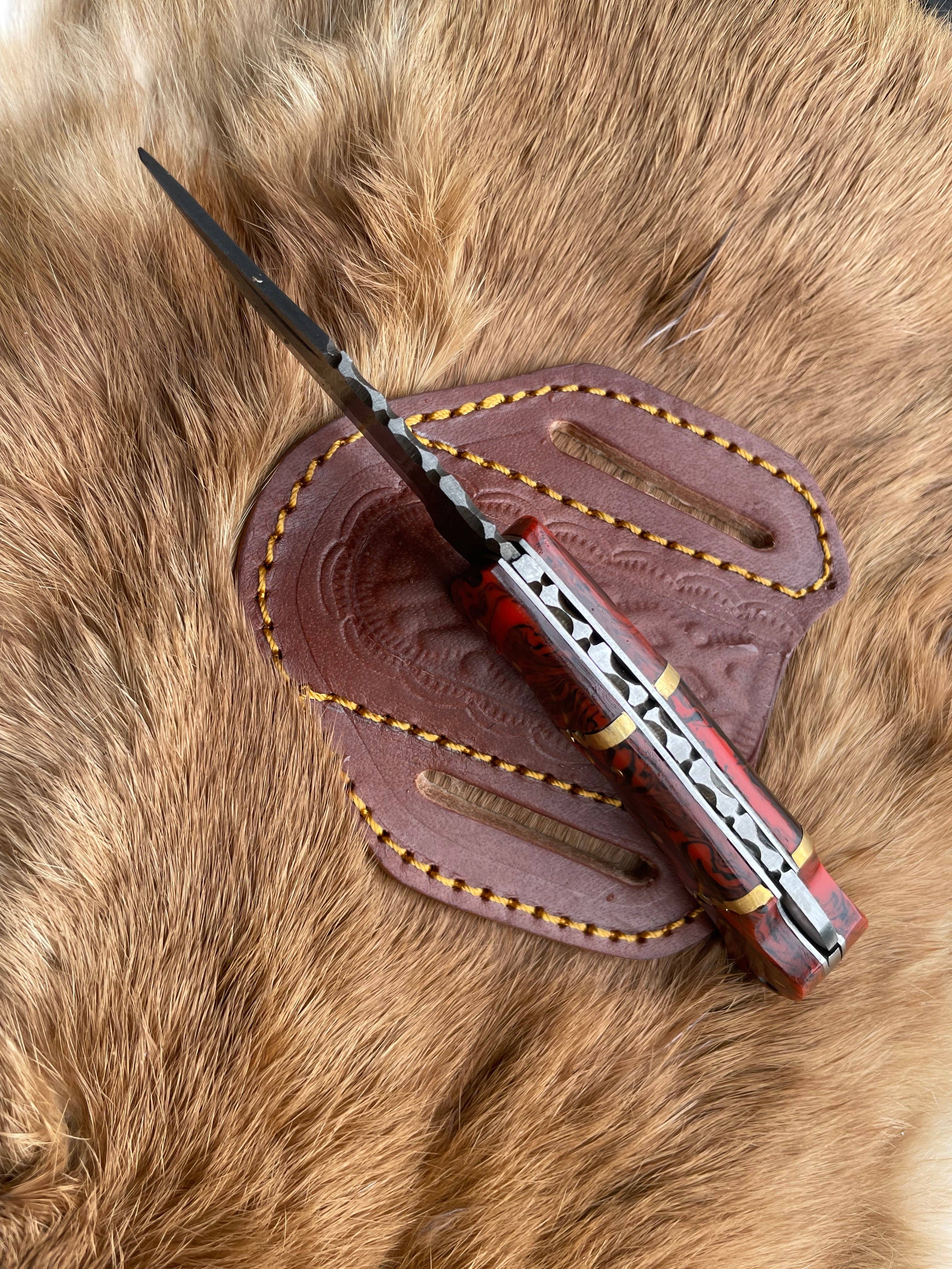 Titan International - Wholesale Pocket Knife/Holder - POCKET KNIFE RED RESIN WOOD 6.5'' DAMASCUS STEEL KNIFE STEEL3