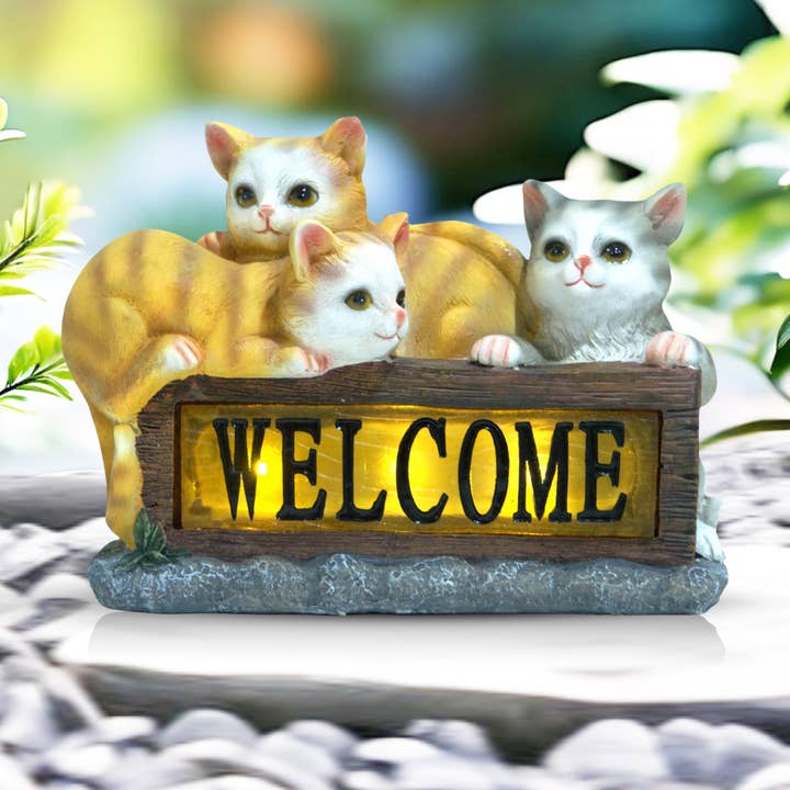 Accent Collection – wholesale Outdoor ornament/decor – Cute Yellow Solar Cat Garden Statue With Lit Welcome Sign