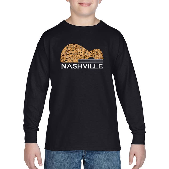 Nashville Guitar - Boy's Word Art Long Sleeve T-Shirt for wholesale by LA Pop Art