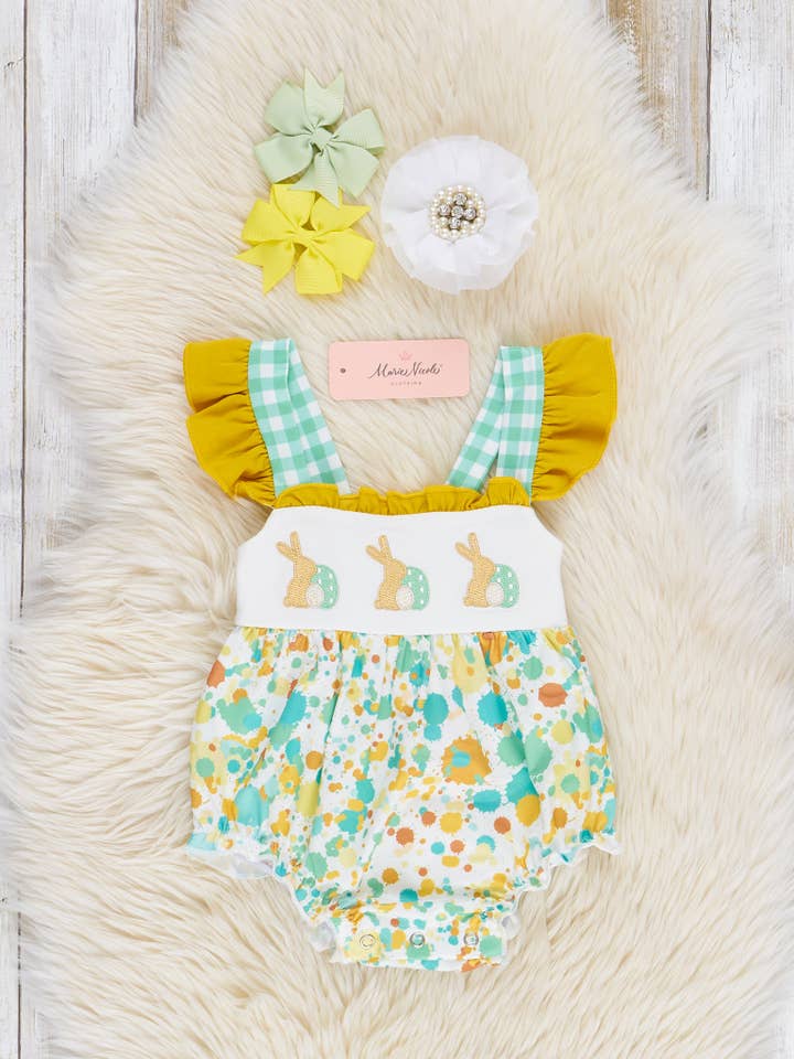 Green Embroidered Bunny Gingham Ruffle Bubble for wholesale by Marie Nicole Clothing