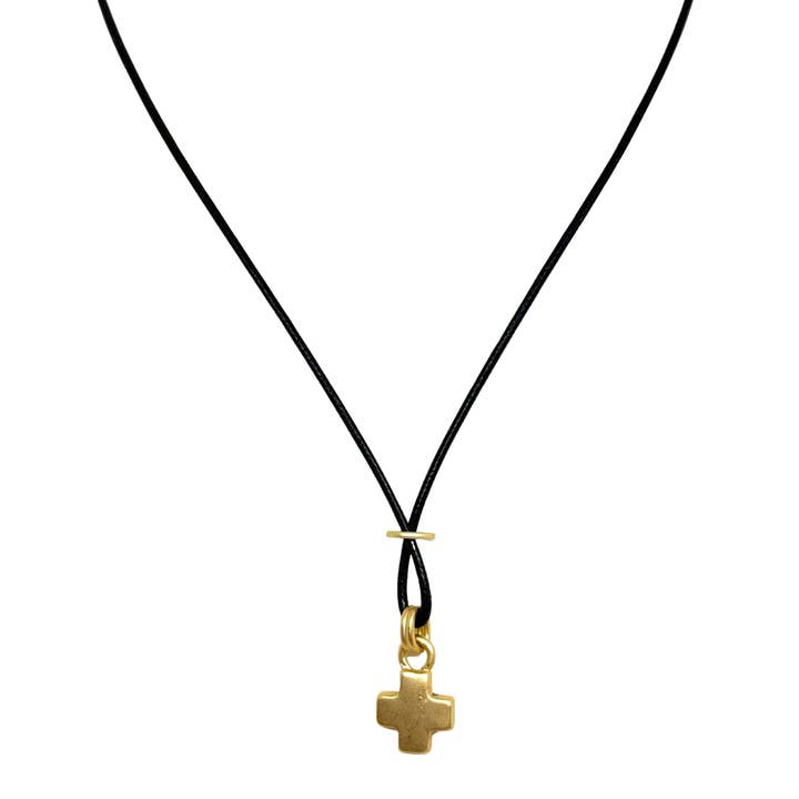 Matte Gold Cross Charm Crisscross Black Waxed Linen 16" Necklace for wholesale by Deborah Grivas Designs