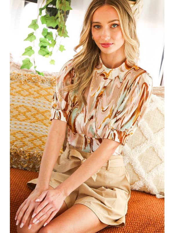 Vine & Love - Vente Haut en maille – femme - Haut en maille à manches courtes bouffantes ouvertes avec col montant VT811675