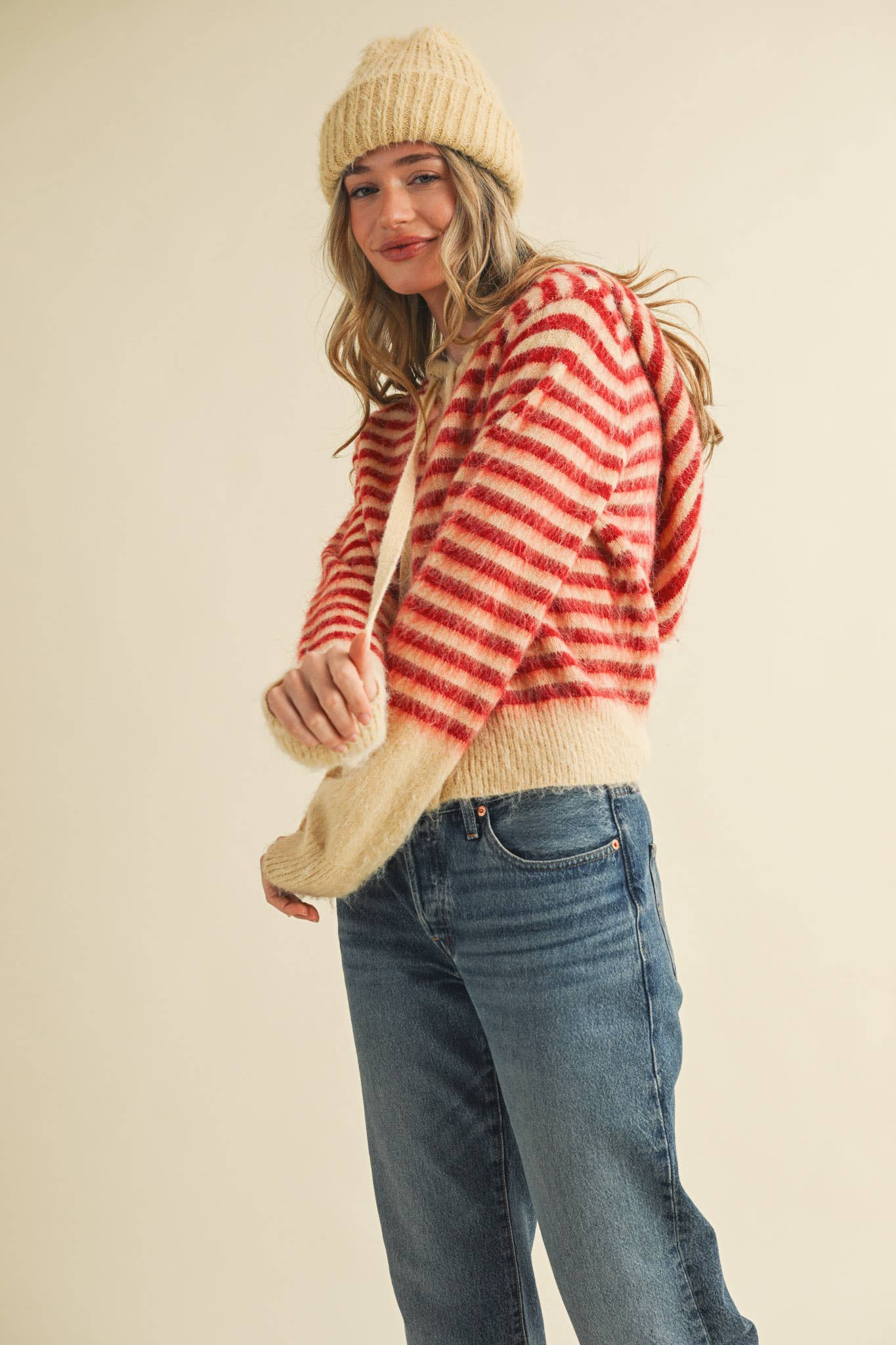 &MERCI - Wholesale Cardigan - Women's - STRIPED HOODIE SWEATER CARDIGAN MSW1106340