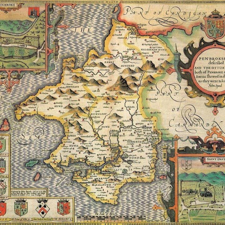 Mappa storica del Pembrokeshire (1610) per la vendita all'ingrosso da parte di Map Marketing Limited