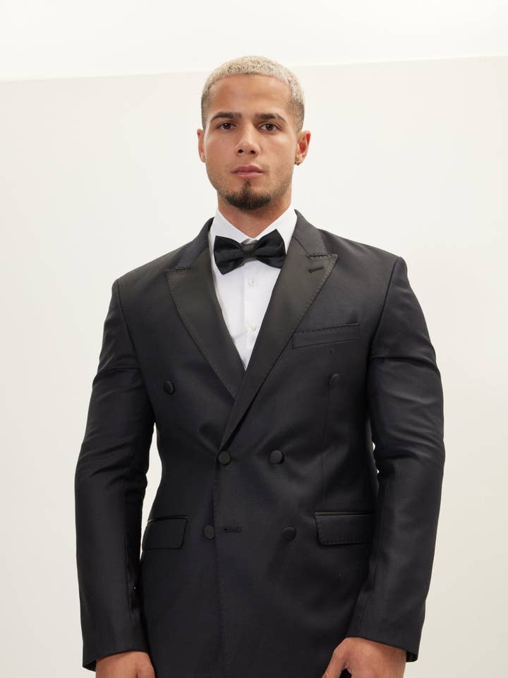 Costume de smoking à double boutonnage en laine Super 180S pour hommes - Noir pour la vente par Ron Tomson