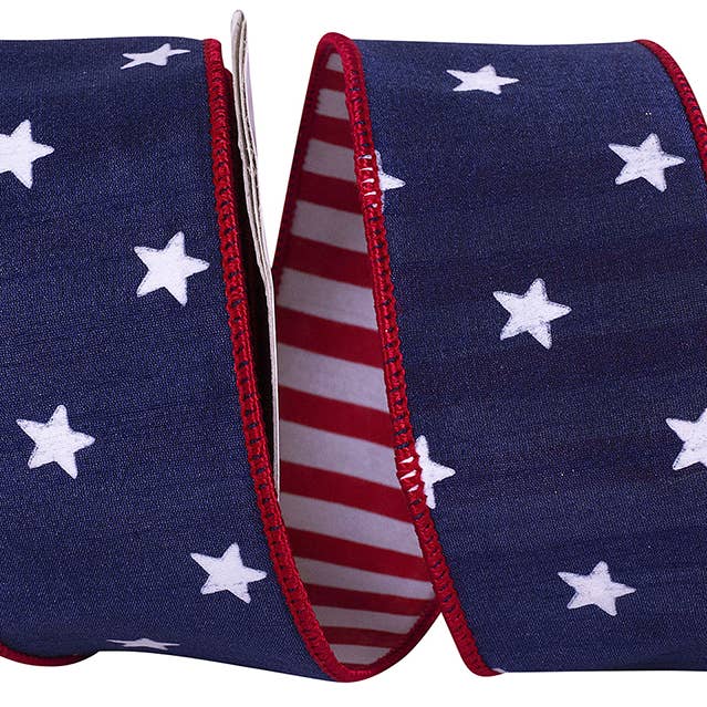 Stars Dupioni Dlx Striped Backing Wired Edge, Navy/red 40F for wholesale by RELIANT RIBBON