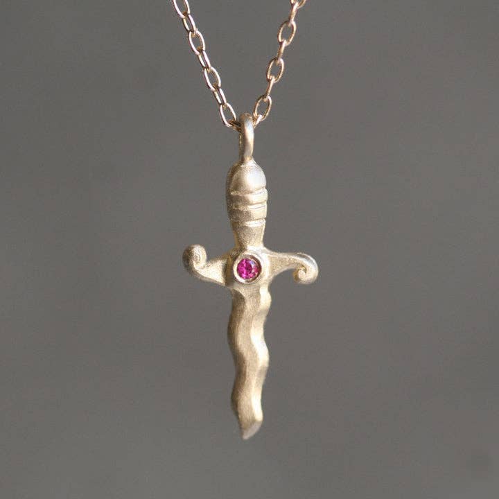 Small Dagger Necklace in 14k Gold with Gemstone for wholesale by Michelle Chang