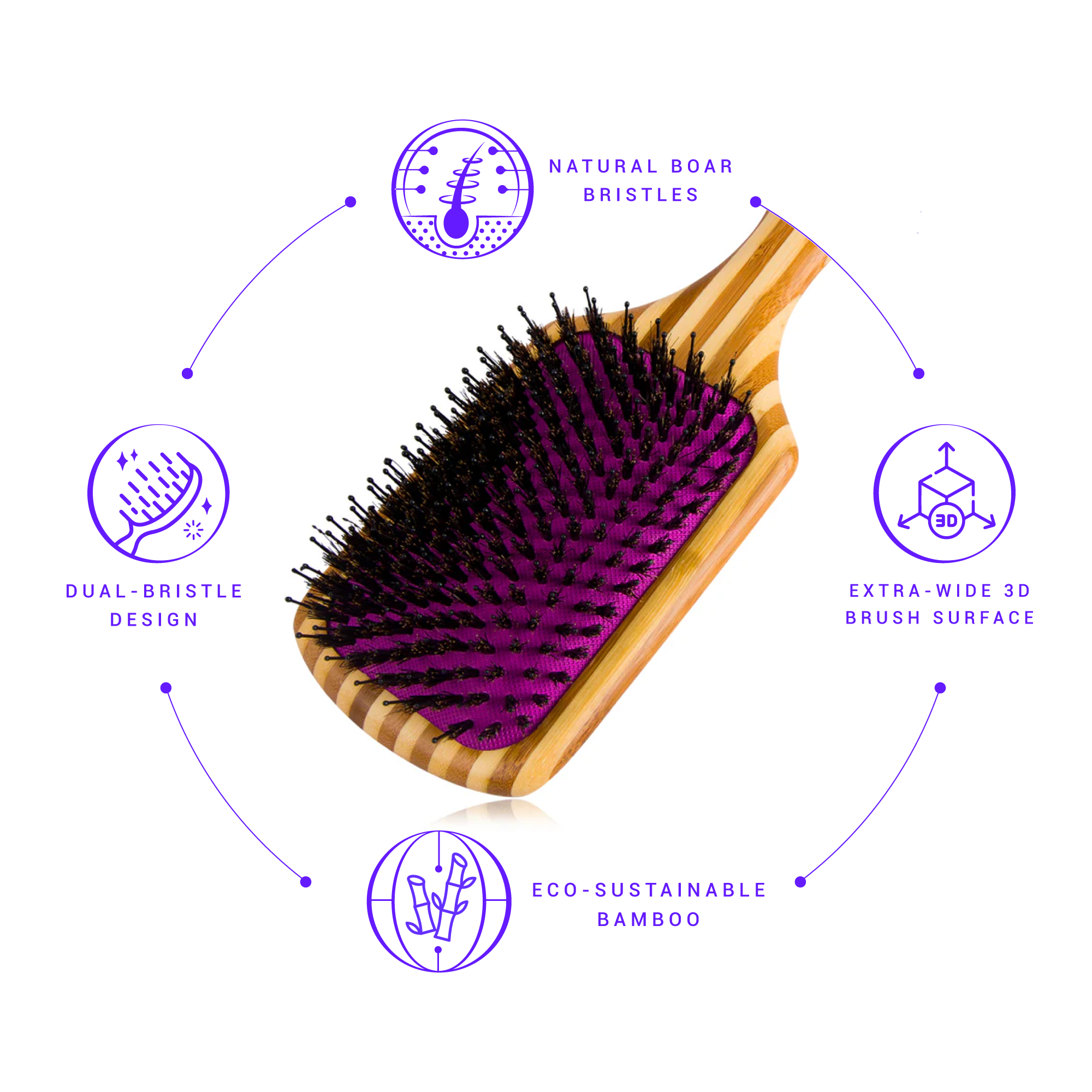 Tiri Pro - Wholesale Hair Brush/Comb - Bamboo XL Detangling Paddle Brush with Boar Bristles -Purple2
