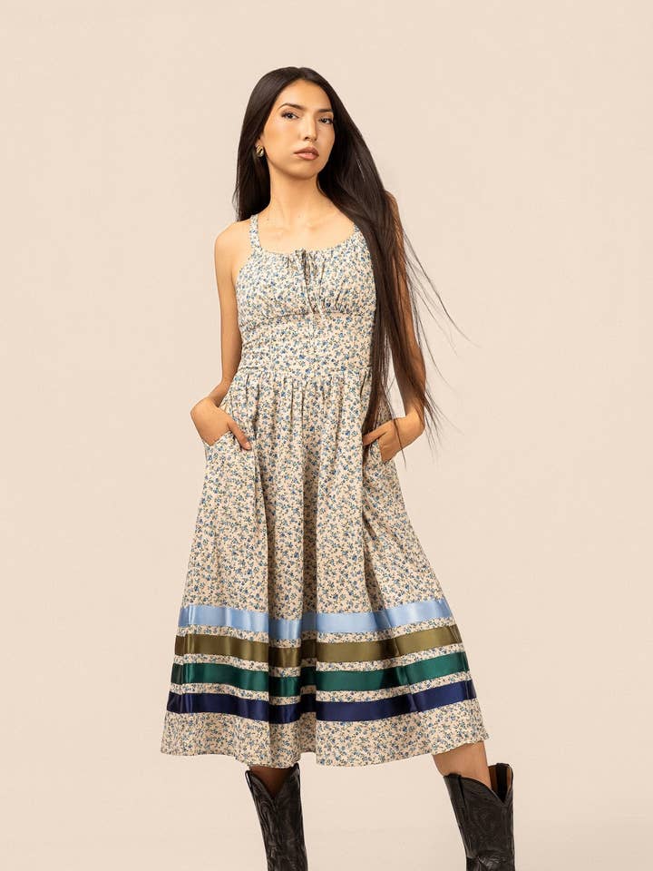 Corset Midi Ribbon Dress - Blue for wholesale by B.Yellowtail