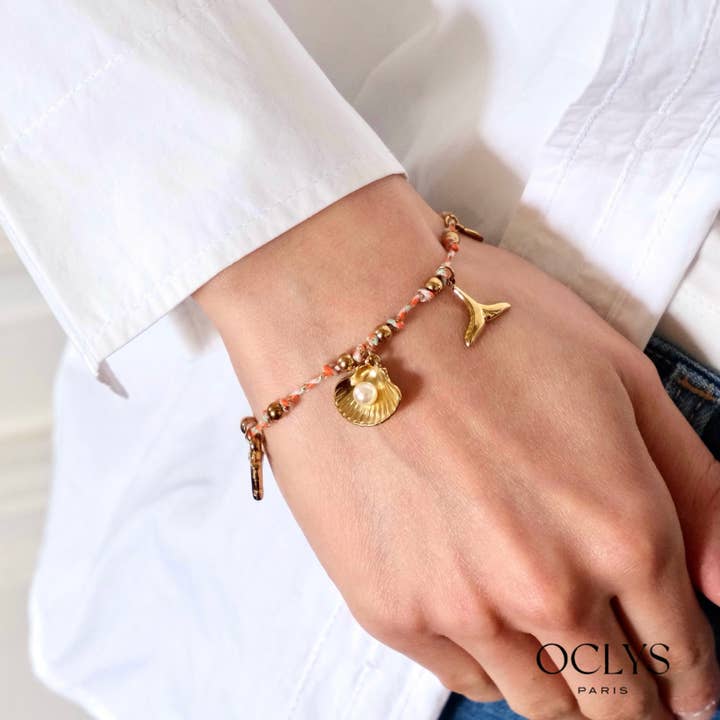 Pulseira de corda com pingentes de concha em aço inoxidável dourado por atacado de Oclys