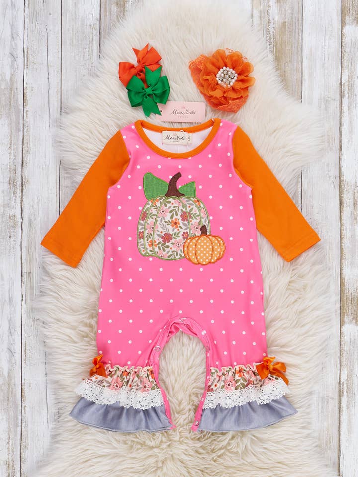 Pumpkin Lane Ruffle Romper for wholesale by Marie Nicole Clothing