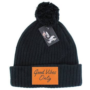 S & J Gift Inc - Wholesale Beanie - Unisex - GOOD VIBES ONLY , POM BEANIE - BLACK0