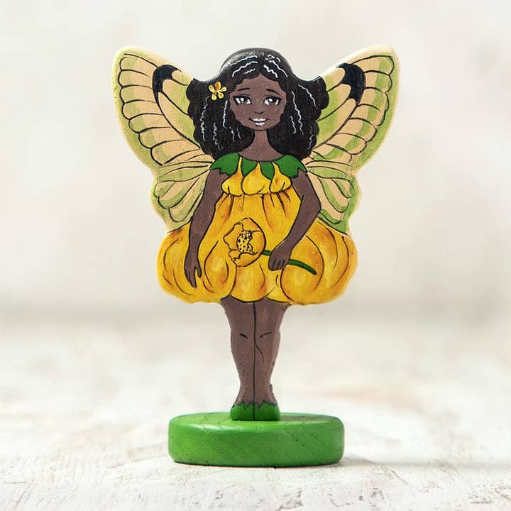 Wooden Yellow Fairy with Afro-American features for wholesale by Wooden Caterpillar Toys