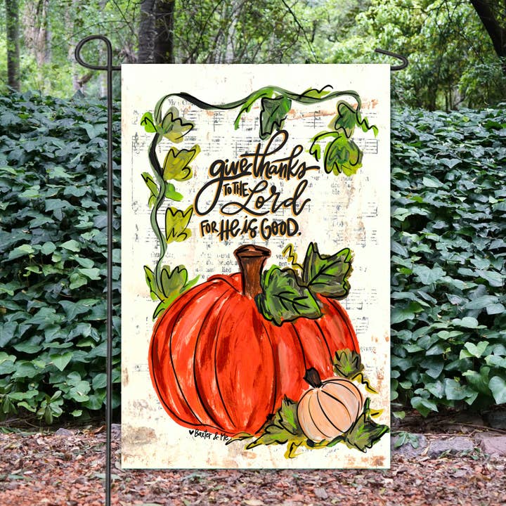 Give Thanks to the Lord Pumpkin Vine Garden Flag for wholesale by Baxter & Me