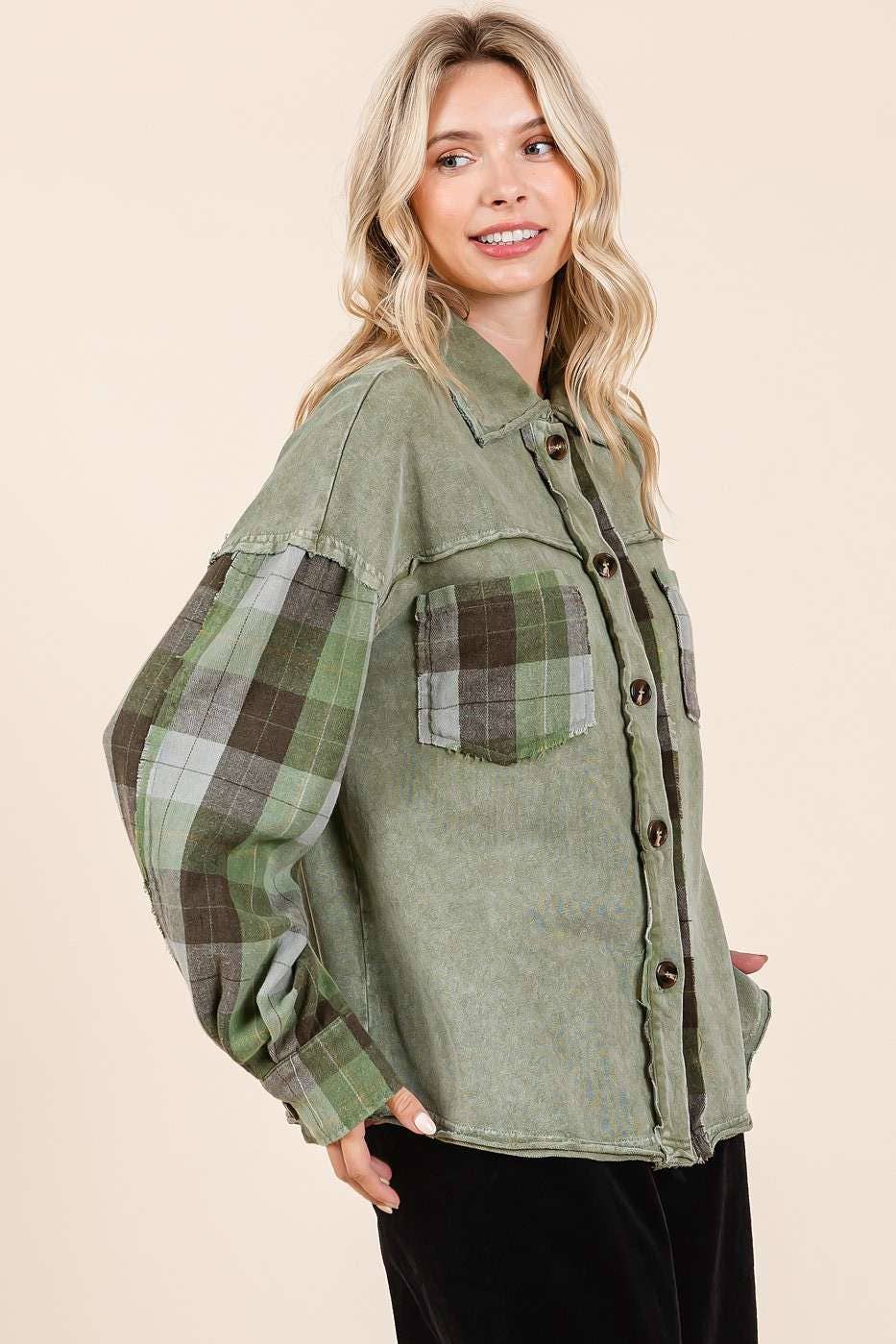 mittoshop - Wholesale Shirt Jacket/Shacket - Women's - MINERAL WASH CONTRAST PLAID PATCHWORK SHACKET8