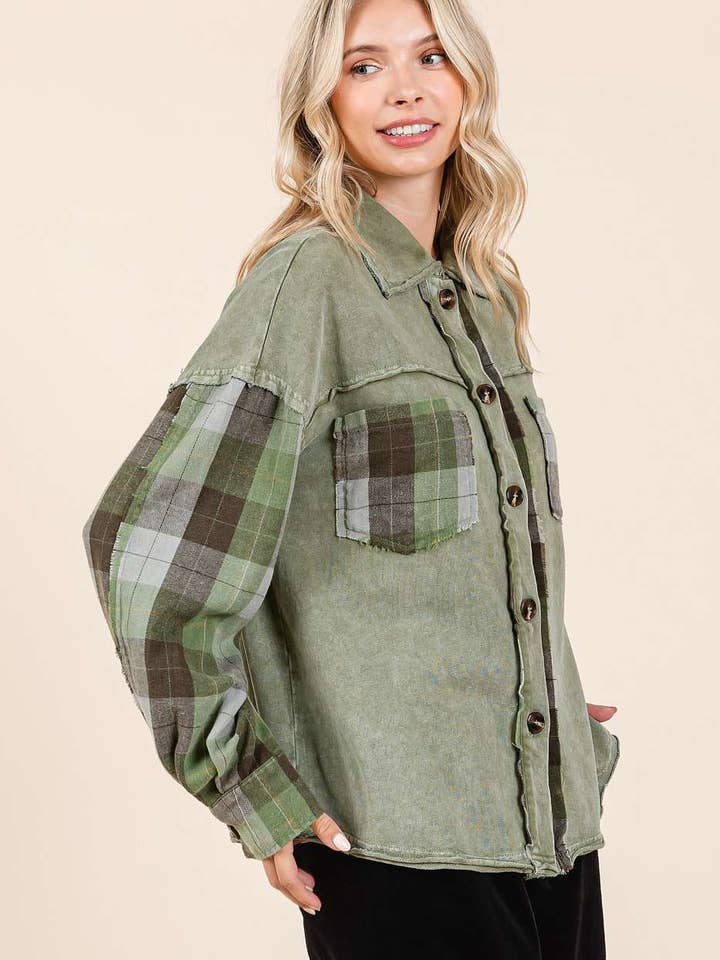 mittoshop - Wholesale Shirt Jacket/Shacket - Women's - MINERAL WASH CONTRAST PLAID PATCHWORK SHACKET8