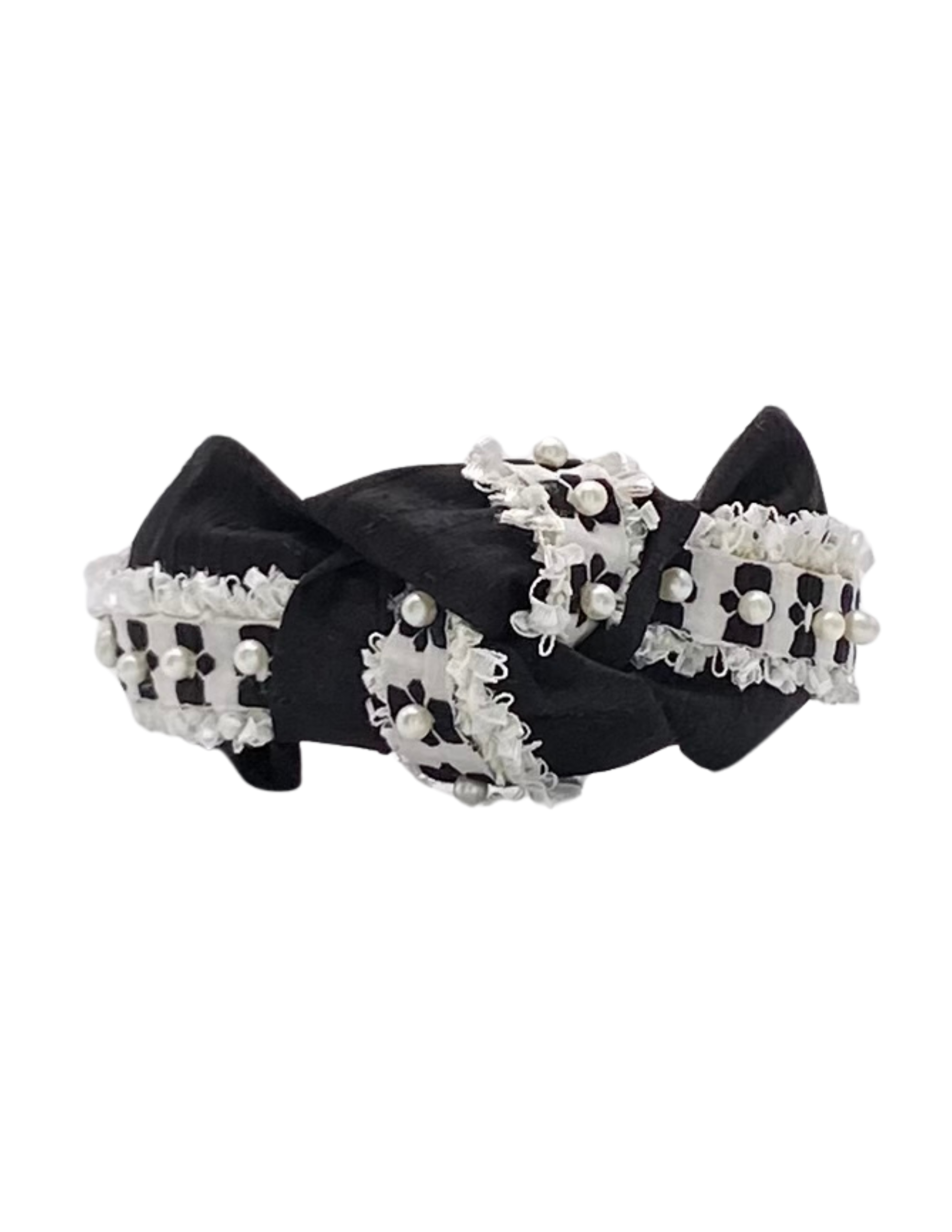 Pretty Happies - Wholesale Fashion Headband - Women's - White with Black Flower and Pearls on Black Silk2
