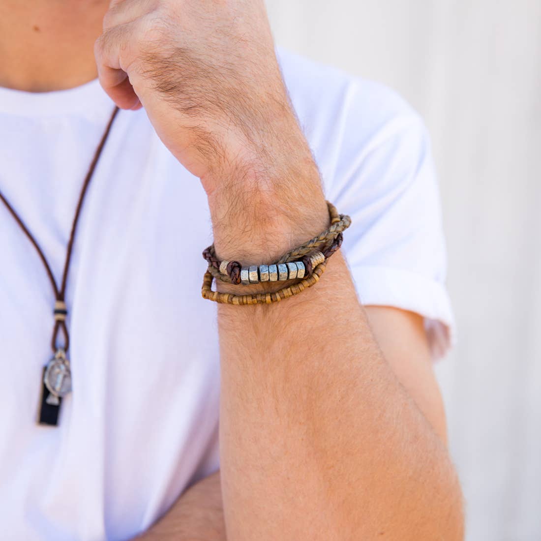 Anju Jewelry - Wholesale Jewelry - Men's - Aadi Braided Leather, Wooden and Silver Beads Men's Bracelet2