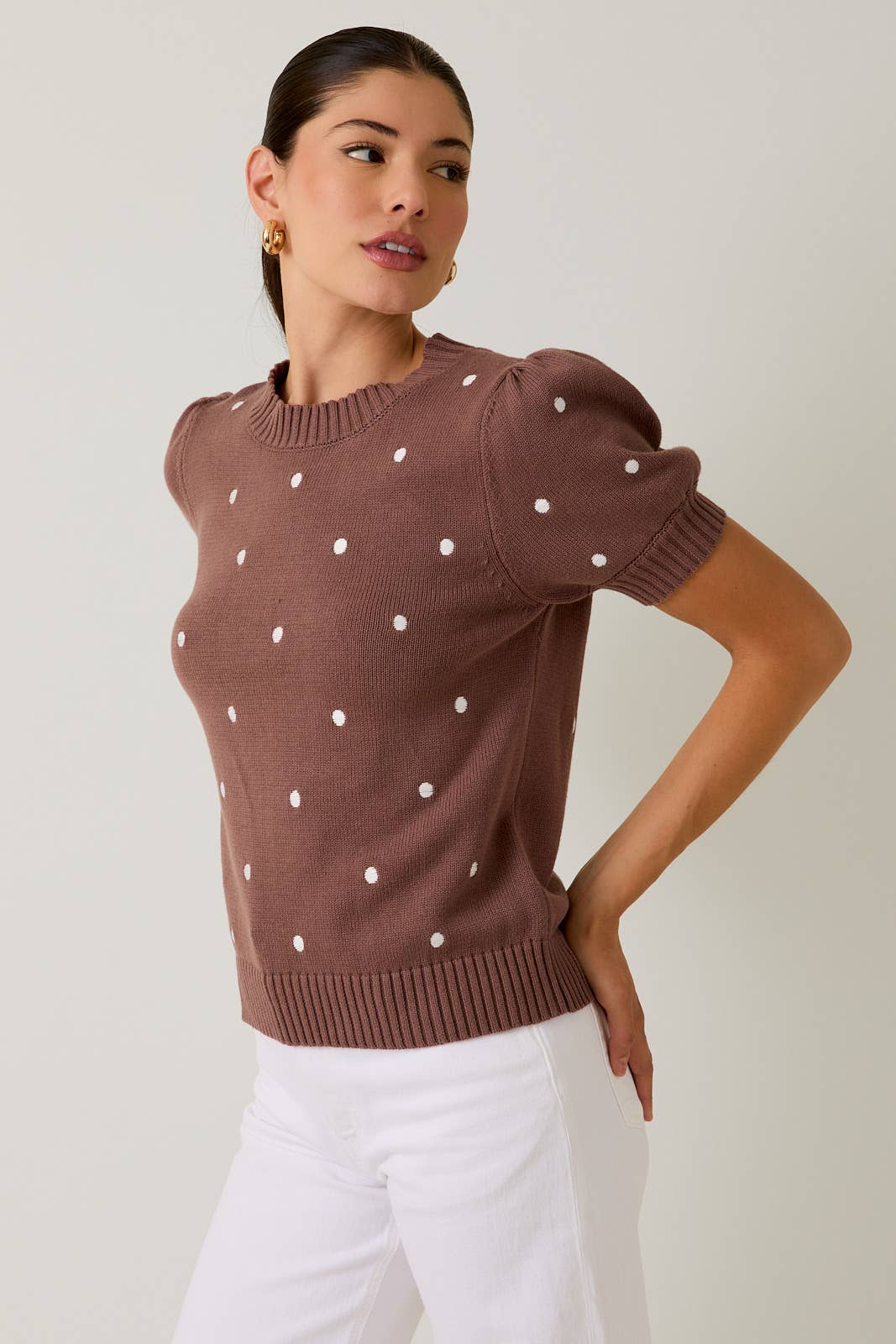 Sunday Edition - Wholesale Knit Sweater - Women's - ROUND NECK PUFF SHORT SLEEVE "POLKA DOT" EMBROIDERED SWEATER38
