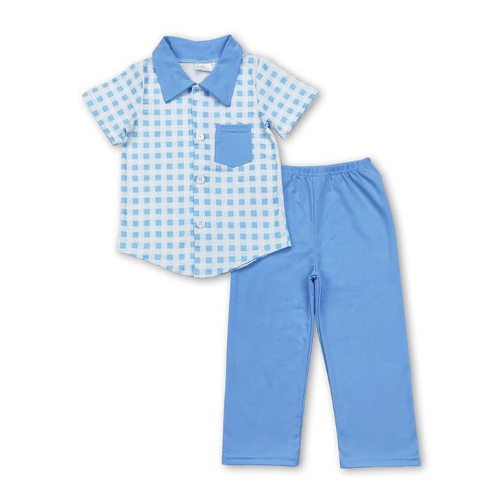 Plaid button down shirt pants kids boys clothes for wholesale by Yawoo Garments