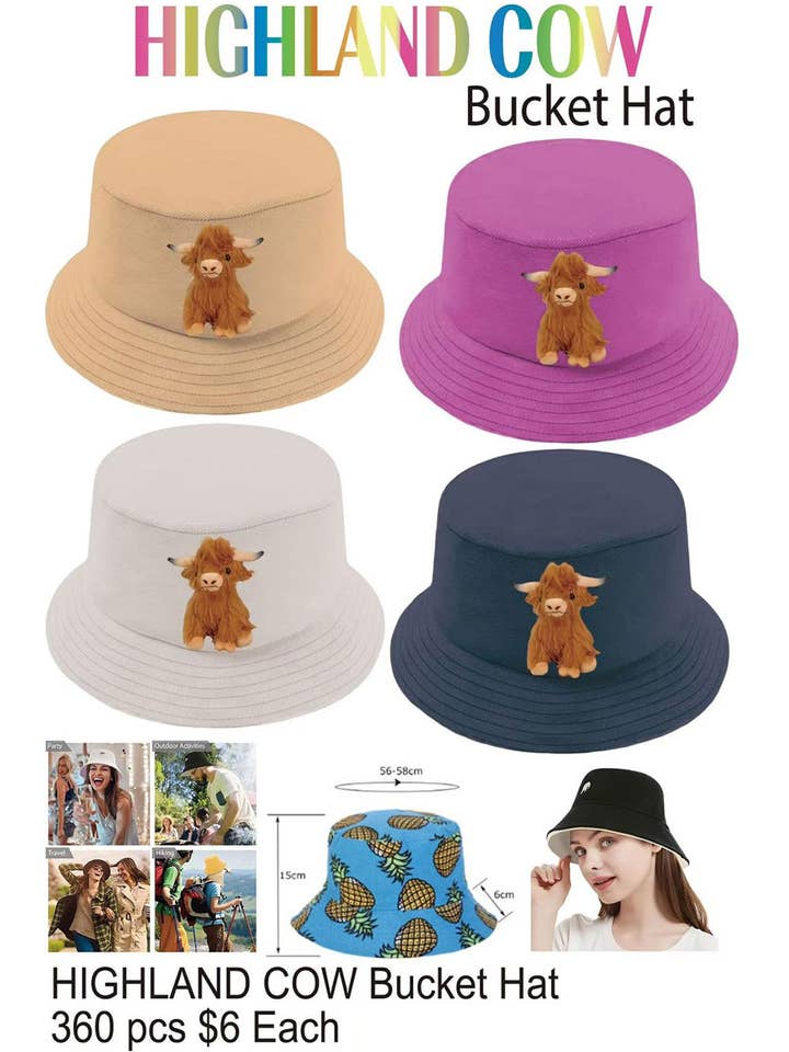 Highland Cow Bucket Hat . for wholesale by Puka Creations